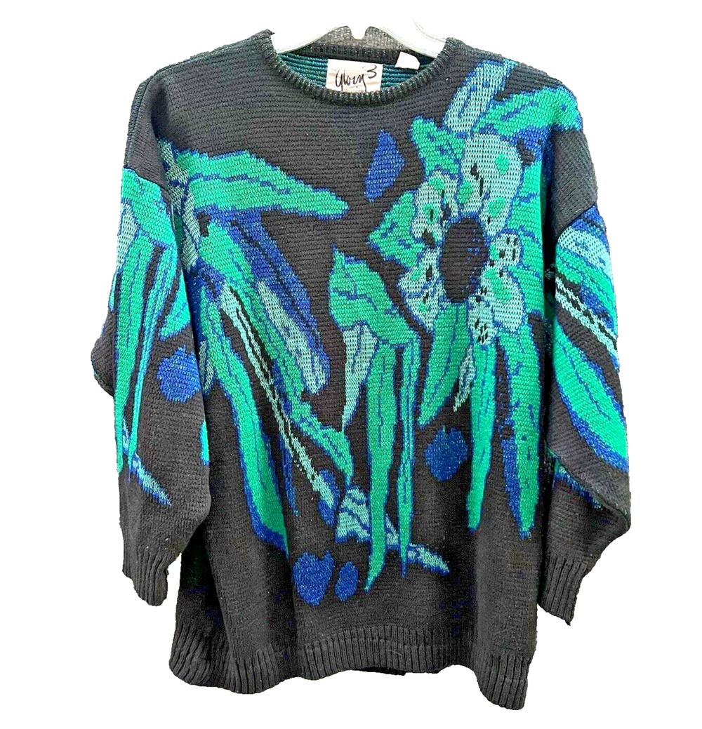 Vintage Sweater Womens Large Black Green Abstract Floral Drop Shoulder Retro